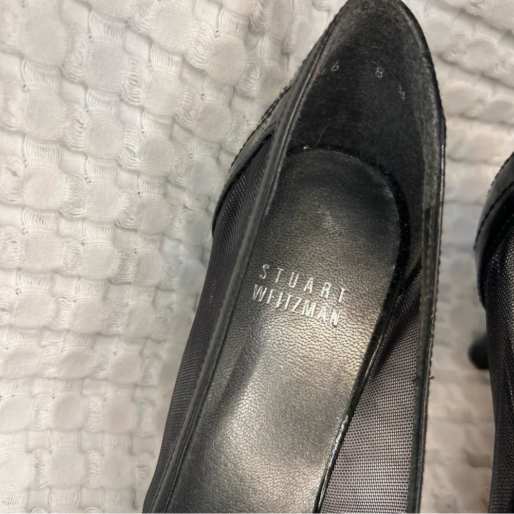 Stuart Weitzman Black Mesh & Patent Leather‎ Peep Toe Heels | Size 8.5
